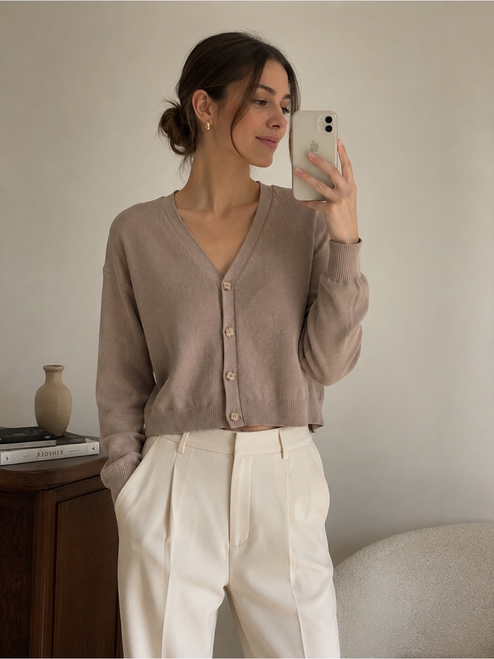 Tristan Cotton Knit Mixed Media Taupe Cardigan Minimalist Business Casual Soft